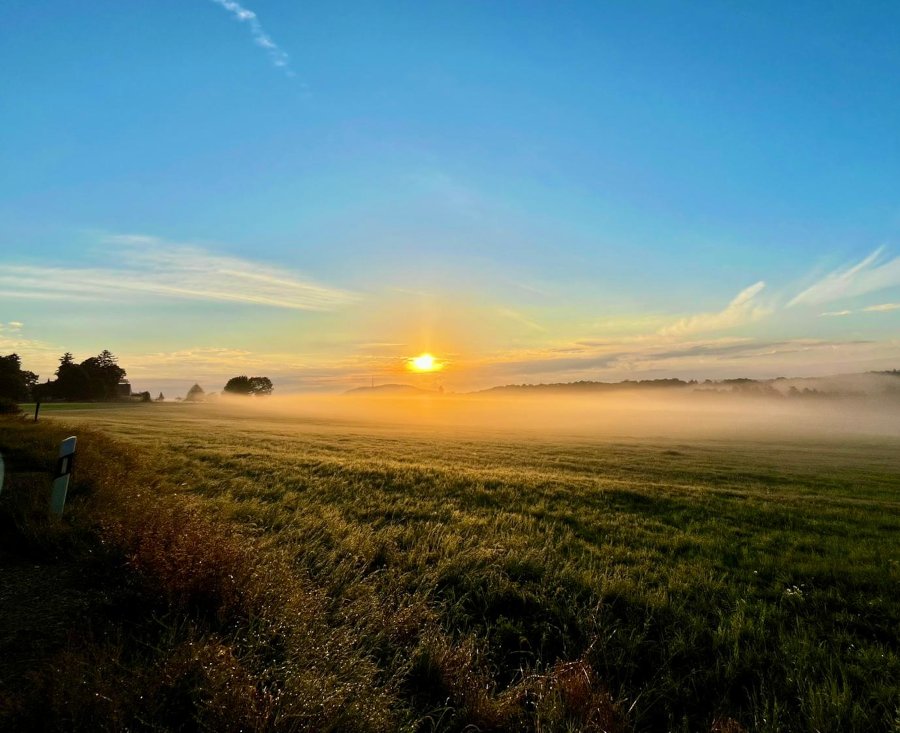 Sp�tsommerlicher Morgennebel �ber den Wiesen von Sohland am Rotstein im warmen Licht der aufgehenden Sonne. Foto A. Poost