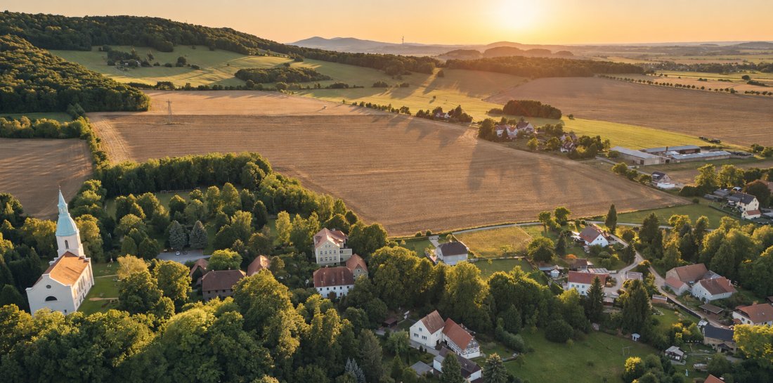Sohland am Rotstein mit Kirche und weiter Landschaft in der Abendsonne