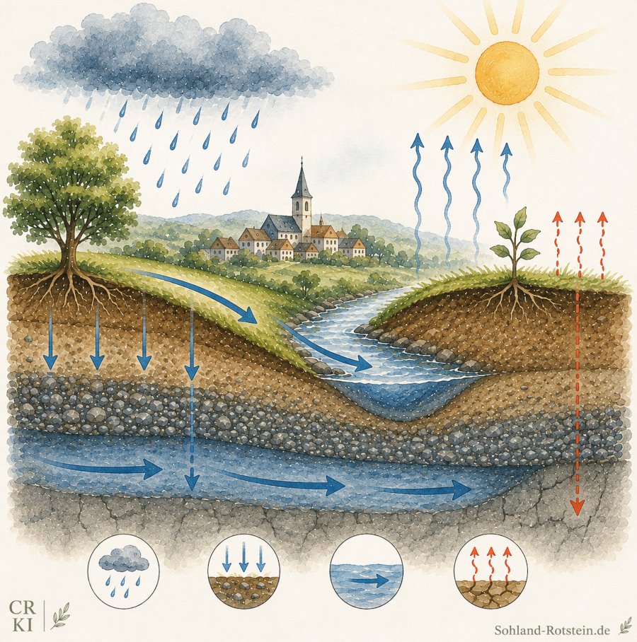 Schema zur Entstehung von Grundwasser durch Niederschlag und Versickerung