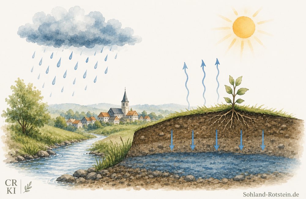 Illustration zu Niederschlag, Verdunstung, Versickerung und Grundwasser
